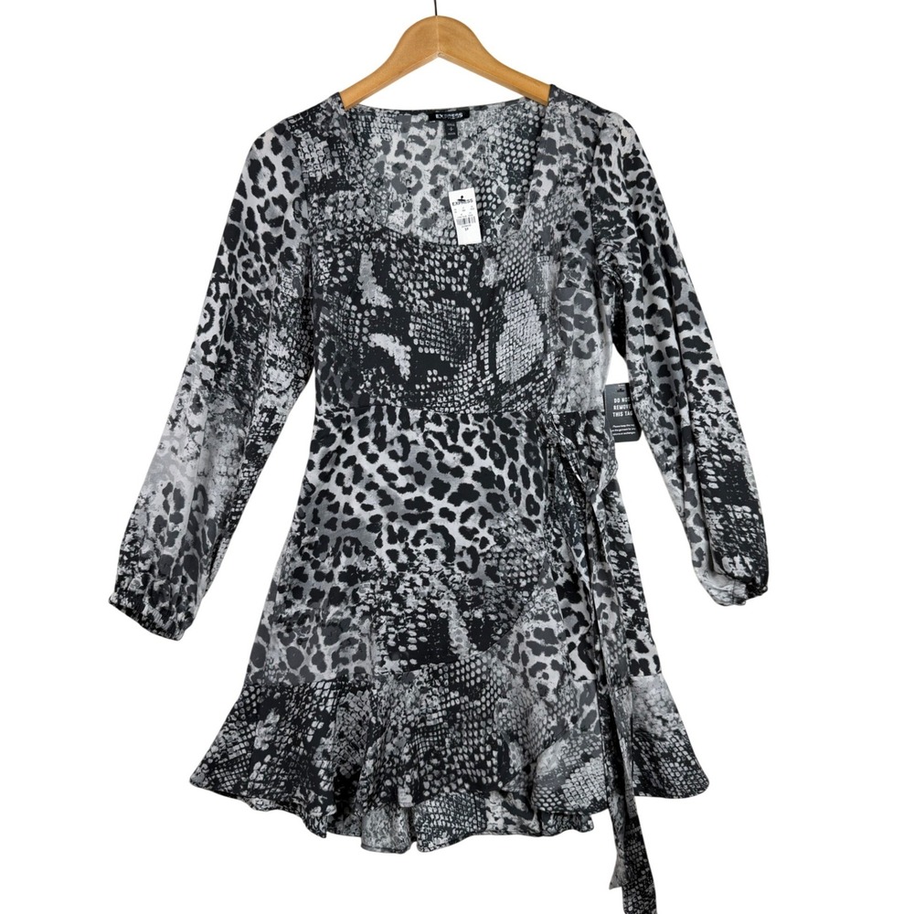 NWT Express Animal Print Square Neck Wrap Mini Dress size Small Petite Black/Gra